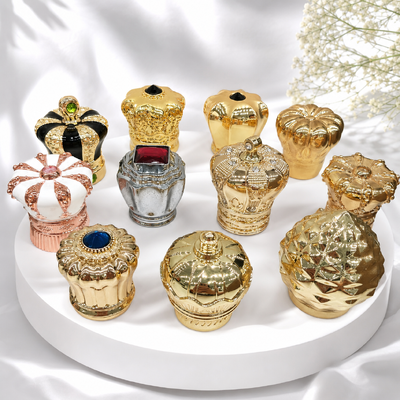 Custom Zinc-Alloy Crown-shaped Perfume Caps with Luxury Finishes, Precision-Engineered Fit, and Moisture Resistance