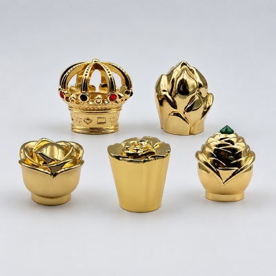 Wholesale 3D Flower Crown Zinc Alloy Perfume Cap Gold Gem Stone Inlay Decorative Perfume Bottle Closure Custom Logo For Oud Fragrance